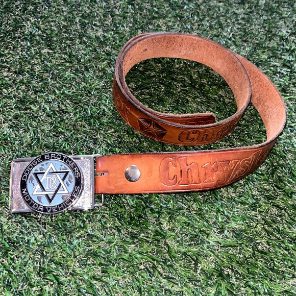 VINTAGE 1970s Dodge Brothers Motor Vehicles Belt Buckle Leather Chrysler Belt - Picture 1 of 5